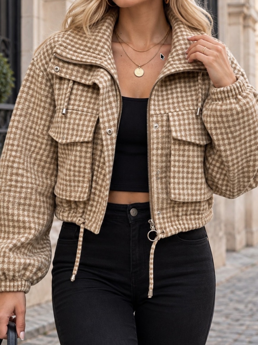 Classic Houndstooth Print High Neck zip up Pockets Jacket Coat